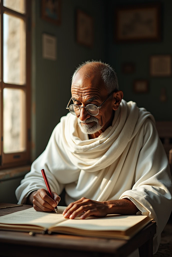 Gandhi sits at the desk and looks at the camera