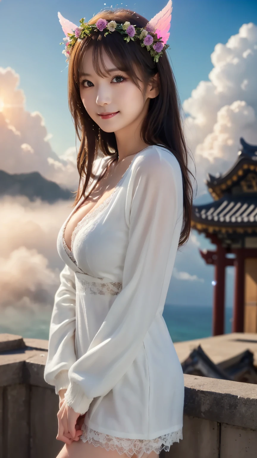 1girl, solo, black_hair, realistic, smile, outdoors, dress, white Scarf on head, looking_at_viewer, breasts, sky, white_dress, jewelry, lips, day