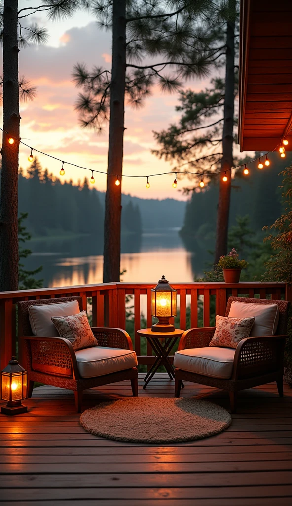 The image, with ultra-realistic quality and 8K resolution, portrays a cozy and serene scene of a wooden deck surrounded by lush nature, with a breathtaking view of a tranquil lake during sunset sun. The deck is constructed with warm-toned wood, complementing the surrounding nature. In it, there is a welcoming arrangement of furniture, including two upholstered armchairs with rustic, accompanied by cushions in neutral tones and prints that evoke the natural environment. Between the armchairs , a small round metal coffee table supports a vintage-style lamp, with bronze accents and a soft amber glow that accentuates the atmosphere of calm and introspection. Left, another similar lamp is positioned on the floor, while a third is suspended near the wooden railing, all emitting a warm and inviting illumination. Esses elementos de luzes complementam as nuances douradas e aorangedas do pôr do sol, that is reflected in the calm waters of the lake. In the background, the lake stretches into a calm water mirror, surrounded by dense pine forests that reach toward the sky. The tall trunks of the trees that line the deck create a natural frame, while festive lights strung between the branches add a subtle touch of charm and celebration to the environment. The sky is a separate spectacle , with warm shades of gold , orange, and pink patterns mixed with soft clouds floating on the horizon, enhancing the feeling of peace and connection with nature. The depth and richness of detail in the image capture textures with impressive precision: the wood grain of the deck, the upholstery patterns, the pine needles and the gentle waves on the surface of the lake. This ultra-realistic 8K scene is a perfect combination of rusticity, comfort and natural beauty, ideal for relaxation or contemplation amidst a breathtaking landscape.