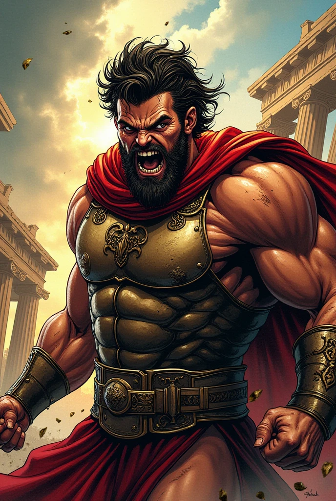 American Comics: Hercules, Big strong and imposing man, Short hair brown hair, big beard, Leather, Leather accessories, brown gold bracelets,, holding a mace, bracelet, golden girdle, lion symbol belt, fighting, manly, super strengths, leather brown cover, battling, headband, buildings, muscular large body, Tall and muscular Pumped, Destructive Force, breaking rocks, Hercules Marvel, God of strength, charming smile, hero of olympus
