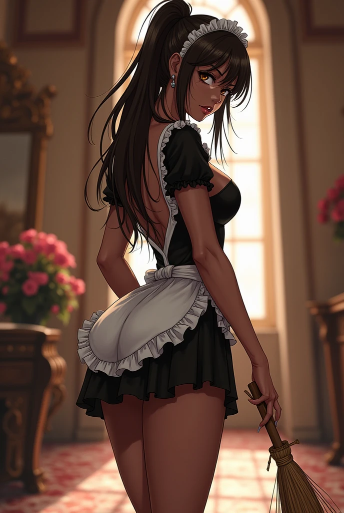 1girl, ass ,maid,victorian,shiny skin ,seductive smile,from behind,sitting,miniskirt, (masterpiece, high quality:1.2)
