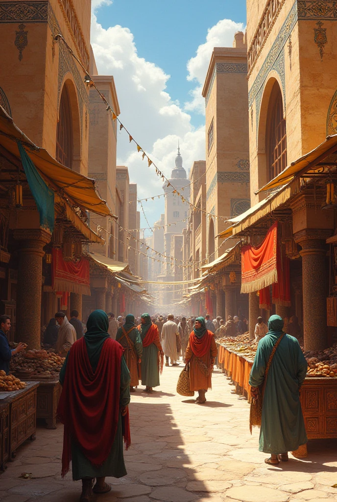 Many Muslim people are shopping in a market, it will be morning, 