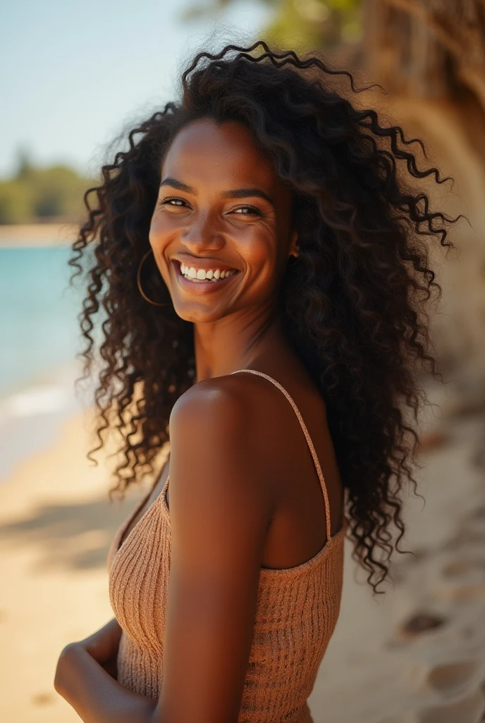 arafed woman with soft wavy dreadlocks with blonde highlight, on a beach looking at the camera, photo of a beautiful woman, she has caramel skin, photo of a black woman, african american young woman, gorgeous woman, mixed-race woman, black young woman, young black woman, gorgeous beautiful woman, mixed race woman, with textured hair and skin, african american woman