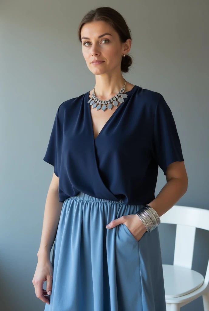 Half-length glamour portrait, nikon D850, f1.6 lens, 200mm, DSLR, 22 Megapixels, ((( Gardens of Versailles, France scene))), shot of a stunning 20 years old portuguese girl, (smile:1.4), (wearing light brown Pleated midi skirt with navy blue silk blouse:1.6), ((seductive pose)), hot girl, (((big natural breasts))), (((brown ponytail hair))), (small girl), symmetrical face, photorealistic, photography, (bright natural lighting), gorgeous, deep cleavage, (masterpiece), best quality, high resolution, extremely detailed, cinematic lighting, (((very narrow waist))), rich colors, hyper realistic, lifelike texture, ((jewelry)), (((She has beautiful hands and wears rings))), (bracelet), (necklace), (ankle chain), (nail polish) (earrings), Fuji Superia 200, 8k