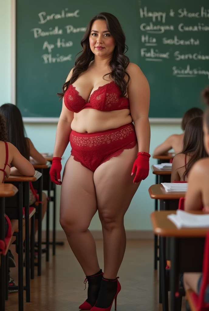 Latina chuby Teacher 70 years old dressed with pink bra, pink panties, red high heels , and eyeglasses in classroom.