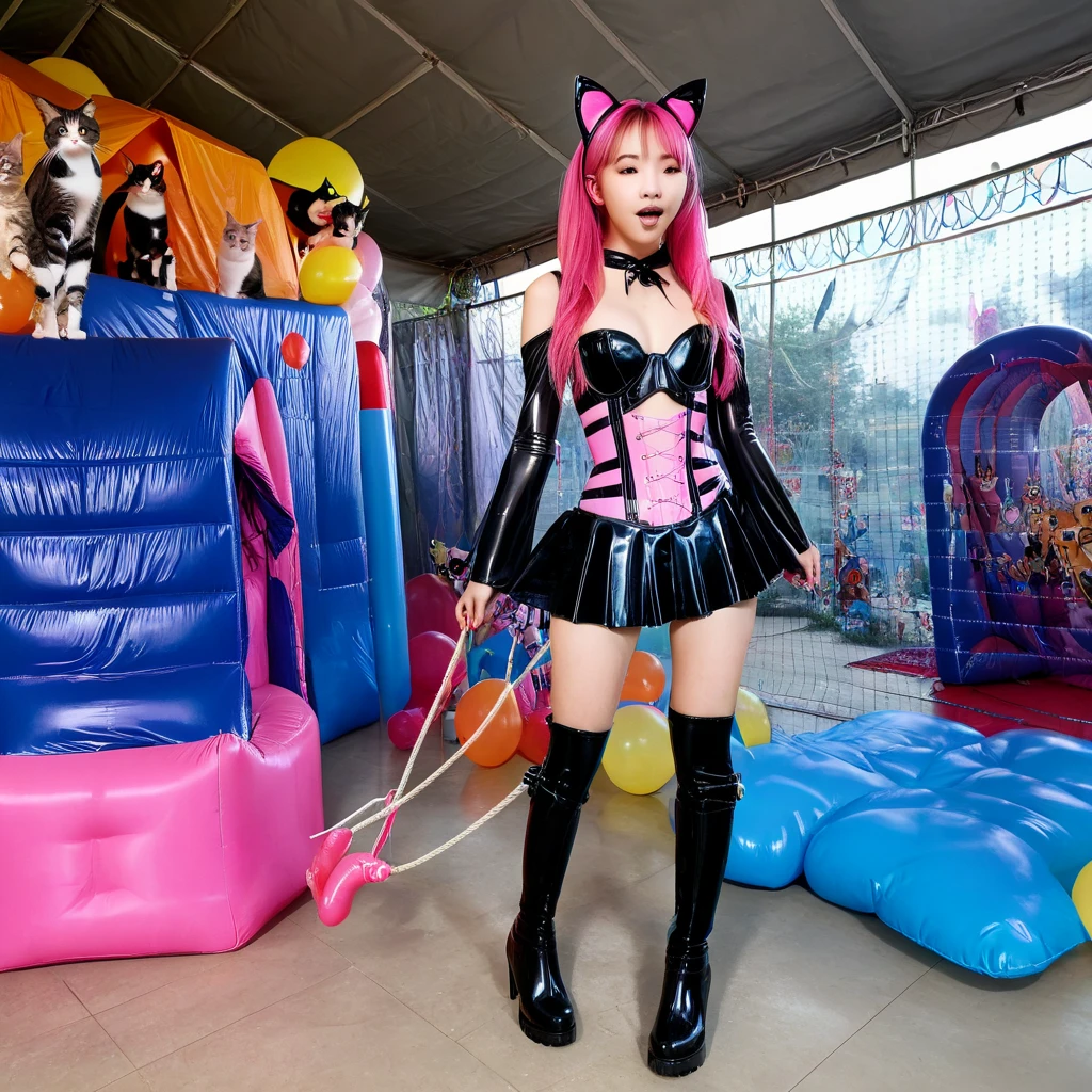  Asian slim teen solo with pink hair, straight hair, slim model, Latex underbust corset 
,   Latex pleated skirt ,  Latex sleeve warmer ,  knee-high latex boots , Cat ears,  small breasts,  ,  bare breasts , Breasts visible, standing  
 , Bouncy castle, sextoy, rope in hand, crazy 
