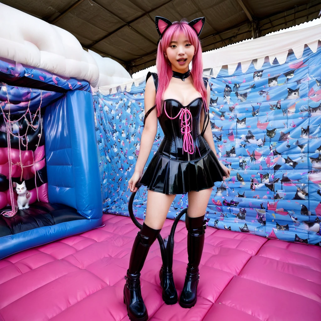  Asian slim teen solo with pink hair, straight hair, slim model, Latex underbust corset 
,   Latex pleated skirt ,  Latex sleeve warmer ,  knee-high latex boots , Cat ears,  small breasts,  ,  bare breasts , Breasts visible, standing  
 , Bouncy castle, sextoy, rope in hand, crazy 
