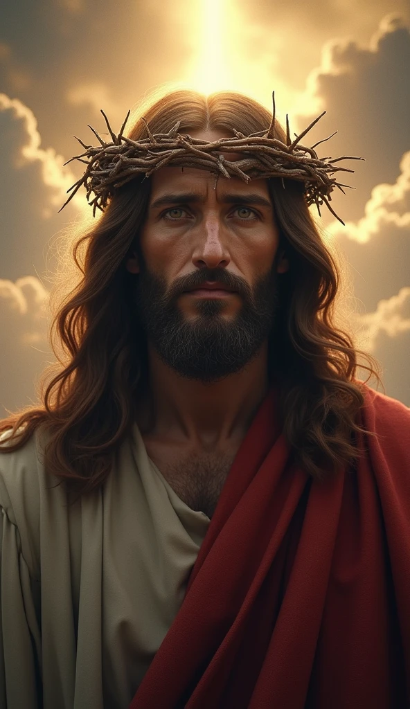 A photorealistic photo capturing Jesus on the cross, with a bird's-eye view looking straight down at Him. ((Crown of thorns on head)). The focus of the image is on Jesus' face as He gazes up at the heavens, gasping for air in the midst of His crucifixion. The scene is set outdoors, with a clear sky in the background. The lighting should be dramatic, emphasizing the emotional intensity of the moment, with rays of sunlight breaking through the clouds to create a sense of divine presence.