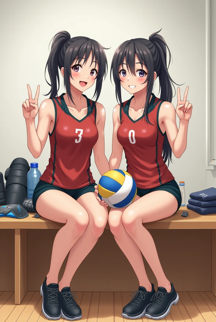 (top-quality、in 8K、32K、​masterpiece、nffsw、超A high resolution、Impresionismo、Photorealsitic:1.2)、Full body, from behind, Inside the gymnasium、Volleyball Court、beauitful face、blurry backround、16-year-old beautiful girl、shinny skin、bob cuts、Beautiful black hair、Red Eyes、(Hachimaki:1.2)、Volleyball Uniforms、Curve、dynamicposes、Smile with open mouth、Two girls、