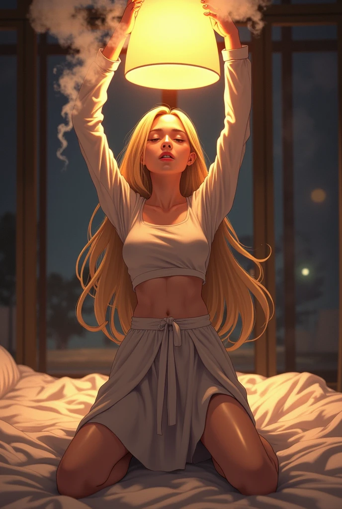a girl is lying, a girl is flying, a girl is lying over the bed, 
bedroom, night, dark, pallet over the bed, floating in the air, light from within, a girl hovers over the bed in a horizontal position, rays of light come from inside the girl’s body and illuminate the room, dream catcher, blue walls,
girl in blue Half top wrestler and blue Elastic shorts, adult, [Nordic], Hourglass elongated fitness body, perfect Olive skin, Oval Face, Long neck, Rounded shoulders, perfect hand,  Attached Pointed ears, round forehead, (Short blonde Waves pixie hair), snub nose, Arched eyebrows, closed Eyes, High Round Narrow cheekbones, Dimpled Cheeks, Rounded Chin, Rounded Jawline, Fine Puppet Wrinkles, Full nude Lips, (closed eyes), Nude Makeup Look, long eyelashes, Profile Angle, bare broad shoulders, Sagittal Plane Curves, blades shoulders, spinal line, well trained back, fitness round ass, back dimples,    
 graphic style of novel comics, 
2d, 8k, iMax, hyperrealism, masterpiece, high resolution, best quality, ultra-detailed, super realistic, Hyperrealistic art, high-quality, ultra high res, highest detailed, lot of details, Extremely high-resolution details, incredibly lifelike, colourful, 