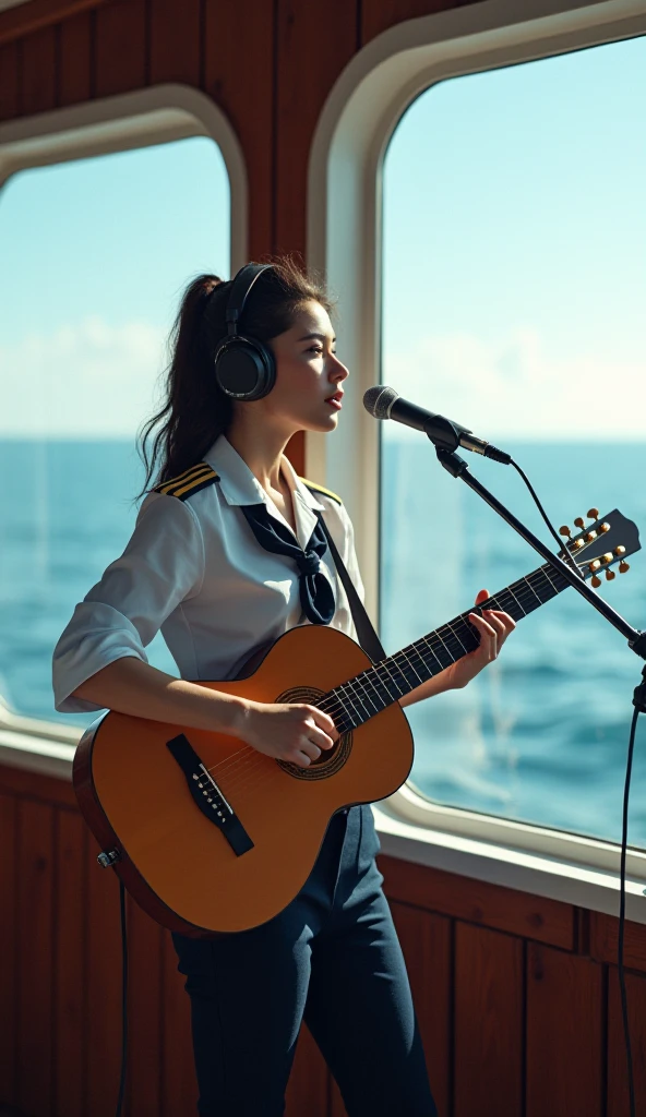 best quality, realistic, boat, 1girl, (singing on the boat), (birds on the boat)