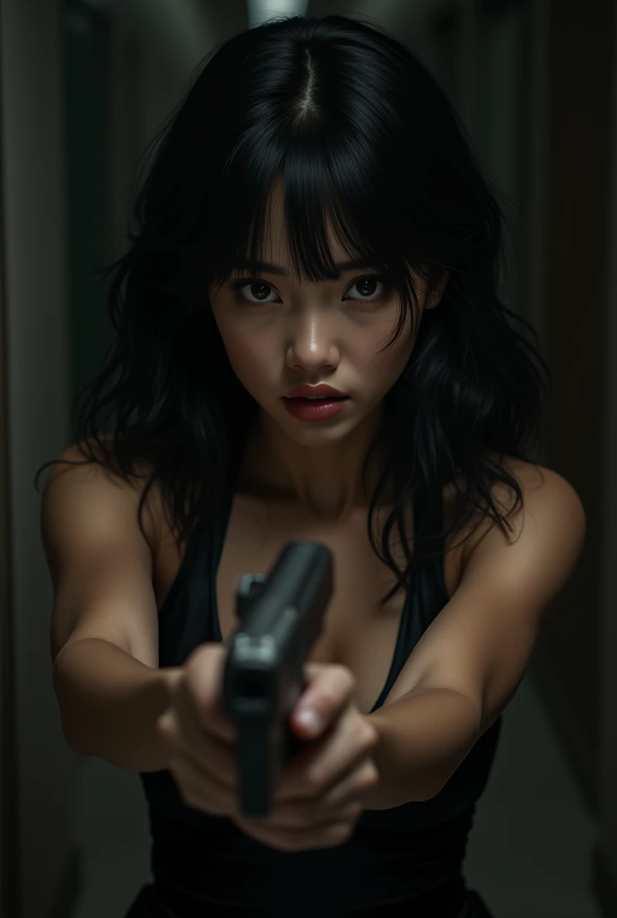 20 years old, black hair, long hair, a scene from a movie or drama, cute kawaii idol Japanese woman, glamour photography, This image is a portrait of a young woman holding a gun in her right hand. She is standing in front of a window with a night city skyline view. The woman is wearing white jeans and a deep neckline T-shirt with a front zipper. She styles it in loose waves and is looking straight into the camera with a serious expression. The gun is pointed at the camera and appears to be a hand gun. The background is blurred but appears to be an urban setting with buildings and lights visible. The overall atmosphere of the image is intense and dramatic. Her neckline is open and her bra is visible. She is wet.
