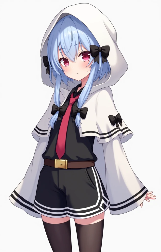 young -style girl, rounded chin, light blue hair, pink eyes, with black shorts with white stripes on the lower ends , with a black shirt with white stripes on the ends , black shoes, black tights up to below the knee , with two black bows with white stripes on the ends and with a short white hooded cape with black stripes on the ends, with a belt with a gold buckle, with a red tie, with a red tie, with very nervious face