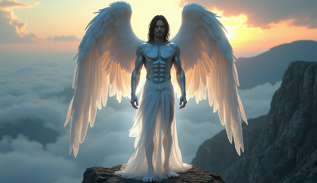 imagem de um .anjo masculino suspenso no ar no. fundo da imagem uma paisagem infernal