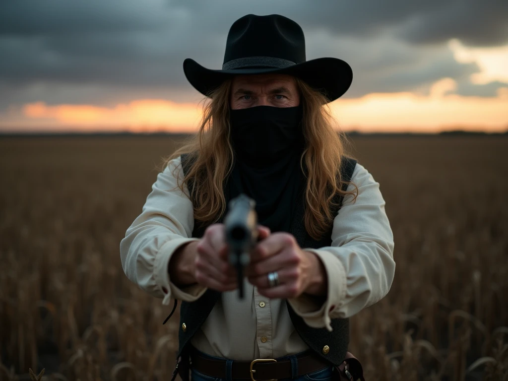 A man, long blond hair, 50 years, black hat, he wears light gunslinger clothes from the American Wild West. His face covered by the black scarf . the setting of a farm , cotton plantation region , in the Louisiana . In the 17th century . he holds a Colt 44 revolver in his hands . the twilight is beautiful , with dark clouds on the horizon .