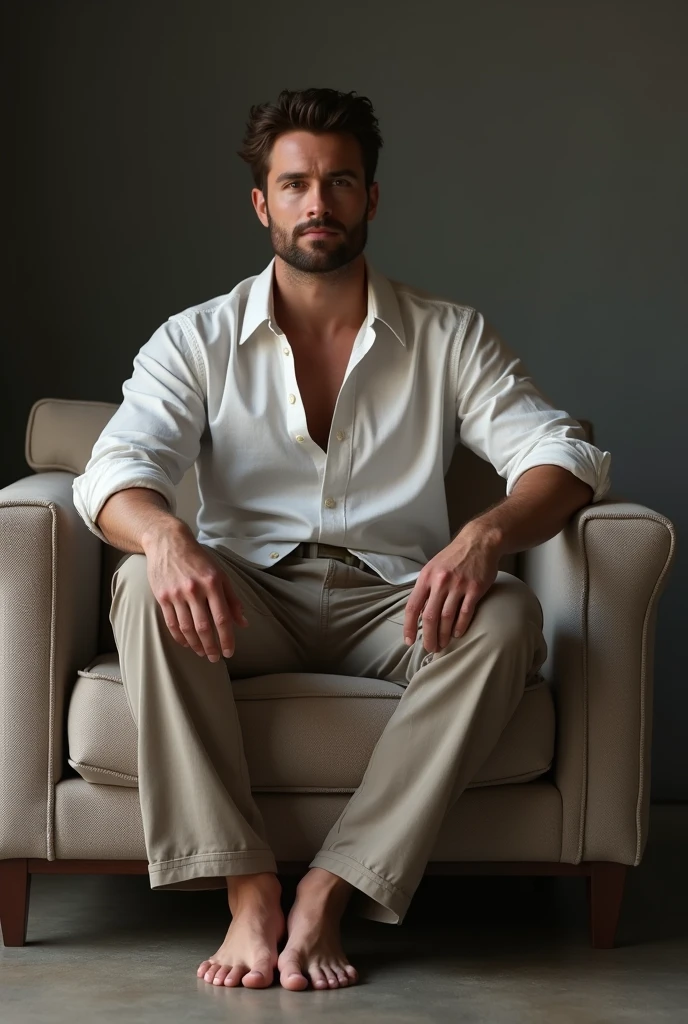 hair, portrait of a ruggedly handsome paladin, muscular, half body, masculine, mature, Retrato de un joven, Muscular very handsome and attractive spanis men, A 40 years old male, Retrato de un joven, Muscular, real, white shirt, winter outfit, sit in a chair