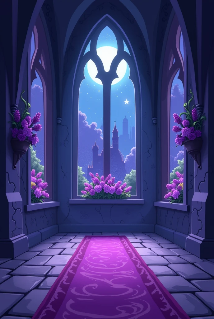 is a background that shows the interior of the dark castle of Nightmare Moon from My Little Pony, moon-themed , lavender flowers decorated on windows and a vinotinto carpet . Having murals of Nightmare Moon ( the wicked Alicorn from the first episode of My Little Pony)
