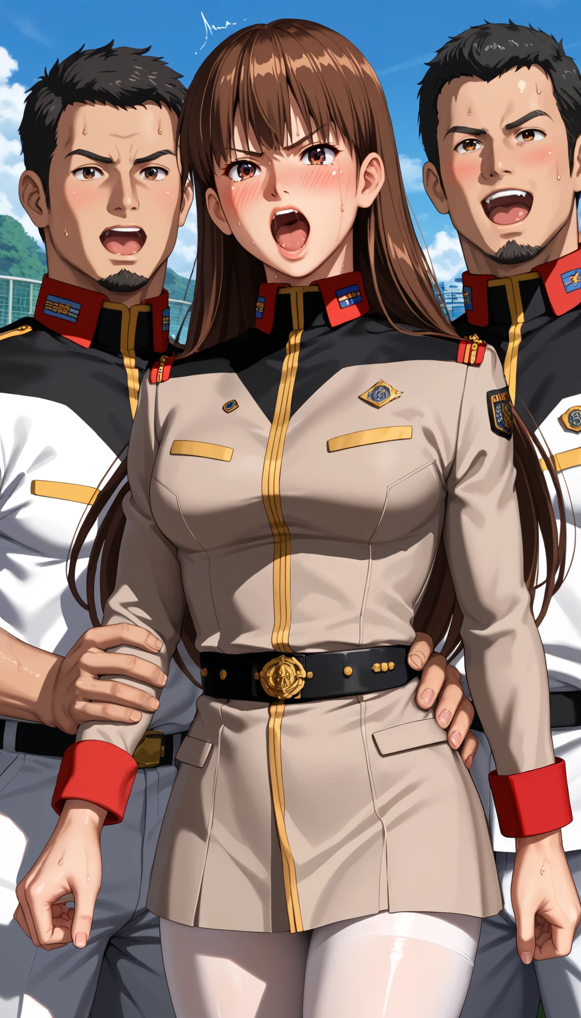 DOALeiFang, LeiFangDOA, girl:2.0, uniform, smooth white tight clothing, gasp, Captured by men:1.8, Captive, Surrounded by men:1.5, Attacked by men:1.7, Many men:1.5, Man grabs her arm:1.6, Man attacks from behind:1.7, Man grabs her leg:1.5, Men Swarm 1:5, Man hands on her waist:1.8, be breathless, sweat, sparkling sweat, trembling, (long brown straight hair:1.4), brown eyes, breasts, [[angry]], blush, {anguish}, {{shameful}},