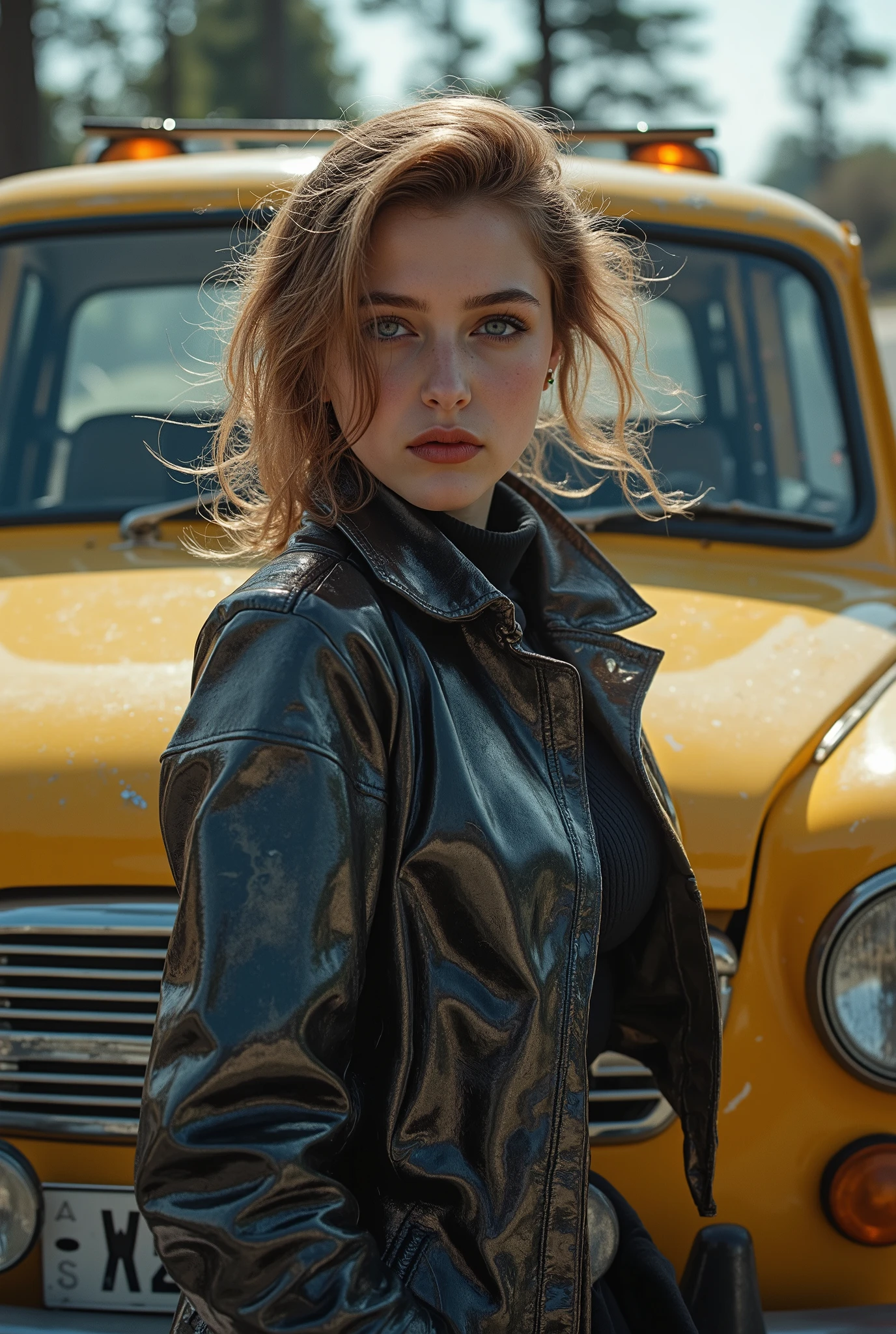 An Award-Winning Masterpiec,  Award-Winning Masterpiece,  A beautiful young bruntte leans against a olk school car from the 70,s       in the style of post-'70s ego generation, photo taken with provia, grandeur of scale, rangercore, full body                   (((metallic ominous war))) [in the style of Anna Razumovskaya and Clovis Trouille:0.4] ral-dissolve, surrealism fantasy, with a Maximalist Style. figure complète hyperréaliste, vetement style musique electronique, ultraRéaliste, hypermaximaliste, 4k, Moteur irréel, POINTU, détaillé, méga réalisme, Réaliste, hyperRéaliste,