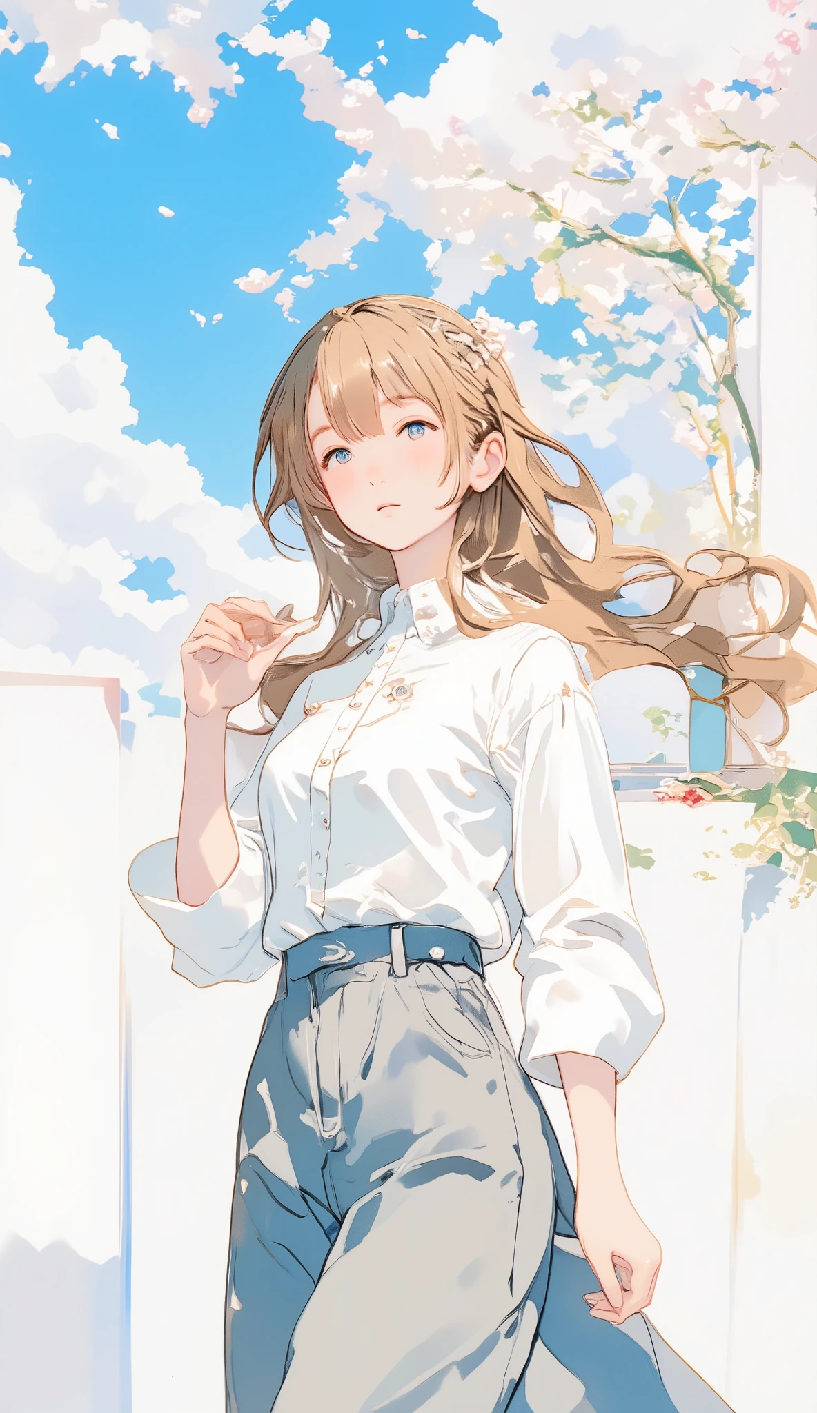 (((Simple configuration)))、((( Background is a white wall:1.2)))、  anime style、  one girl outside running、  detailed face  、  cute face、  I'm wearing my perfect figure over a white blouse 、絵のように  beautiful、sketch、   very delicate   、Cloud-like wall、、   floral、Graceful depiction 、Abstract、 Overall bright colors 、Gentle colors、   Taisho Romance、( Masterpiece 、   top quality 、   top quality 、   Official Art、  beautiful,   beautiful:1.2)