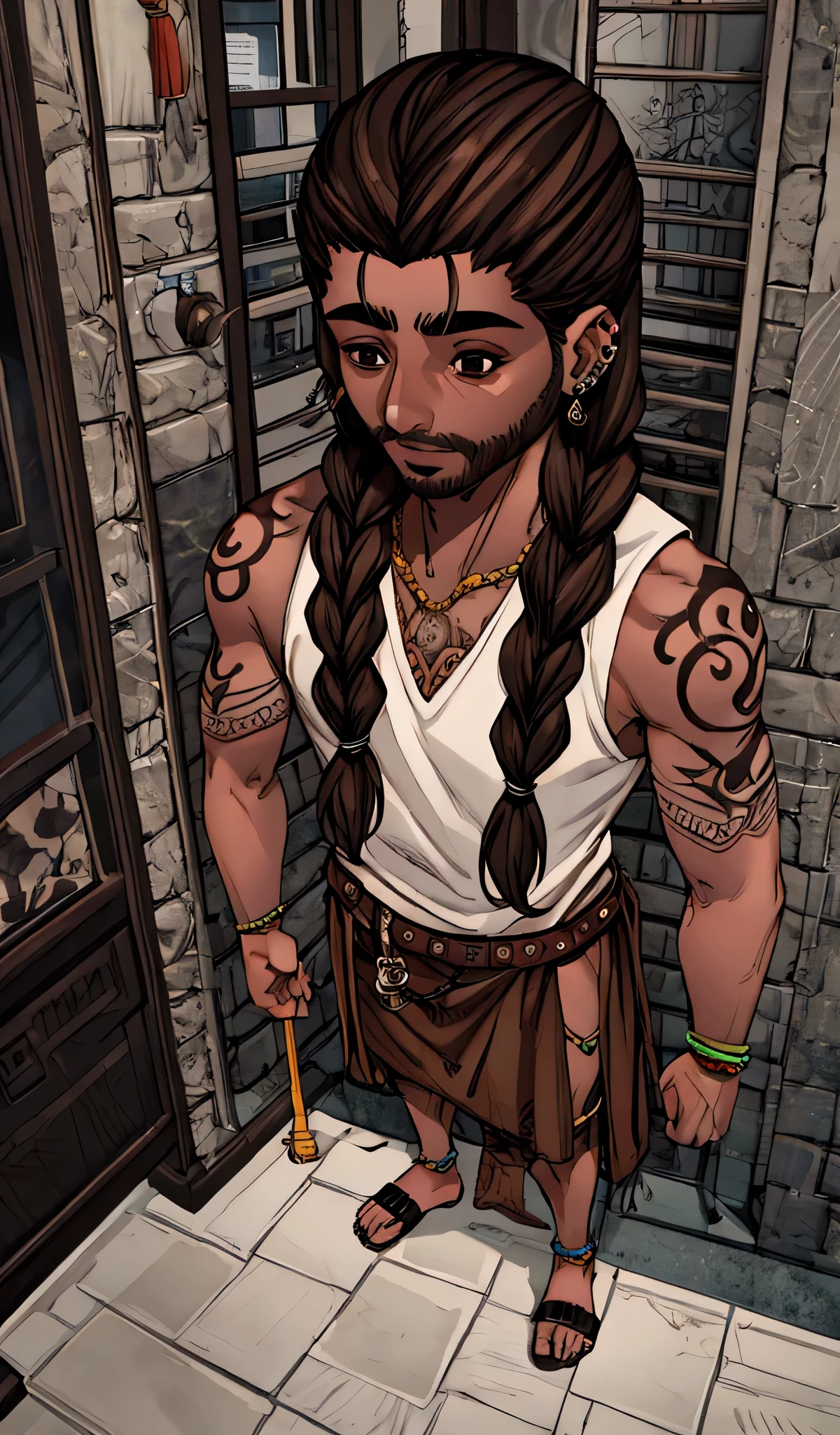 An Indian brown boy , about 1,75 inches tall,  wears piercings and tattoos distributed in a way that looks good on the eyes.
 has large braids and deep brown eyes 