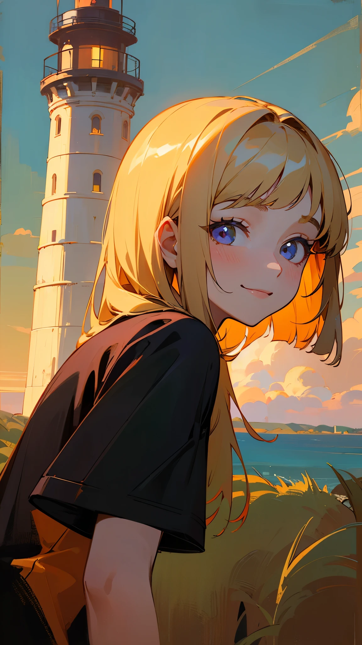 Anime girl with blonde hair and blue eyes standing in front of a ...