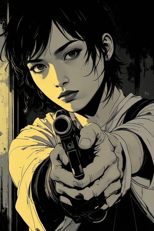 A close-up sketch of a person holding a pistol in their hand, drawn in a black and white rough manga style. The artwork is inspired by Kentaro Miura and Sugimura Jihei, featuring sharp and expressive linework. The composition emphasizes the gun and the tension of the moment, reminiscent of the dynamic style seen in 'Black Lagoon' and 'Trigger' anime. The character has an intense expression, with the raw and detailed aesthetic of classic manga illustrations. The artwork follows an anime-inspired style with dark and dim lighting, influenced by the works of Makoto Shinkai and the horror illustrations of John Kenn Mortensen. The style blends dark, whimsical elements, post-it note art aesthetics, and fantasy-driven eerie designs