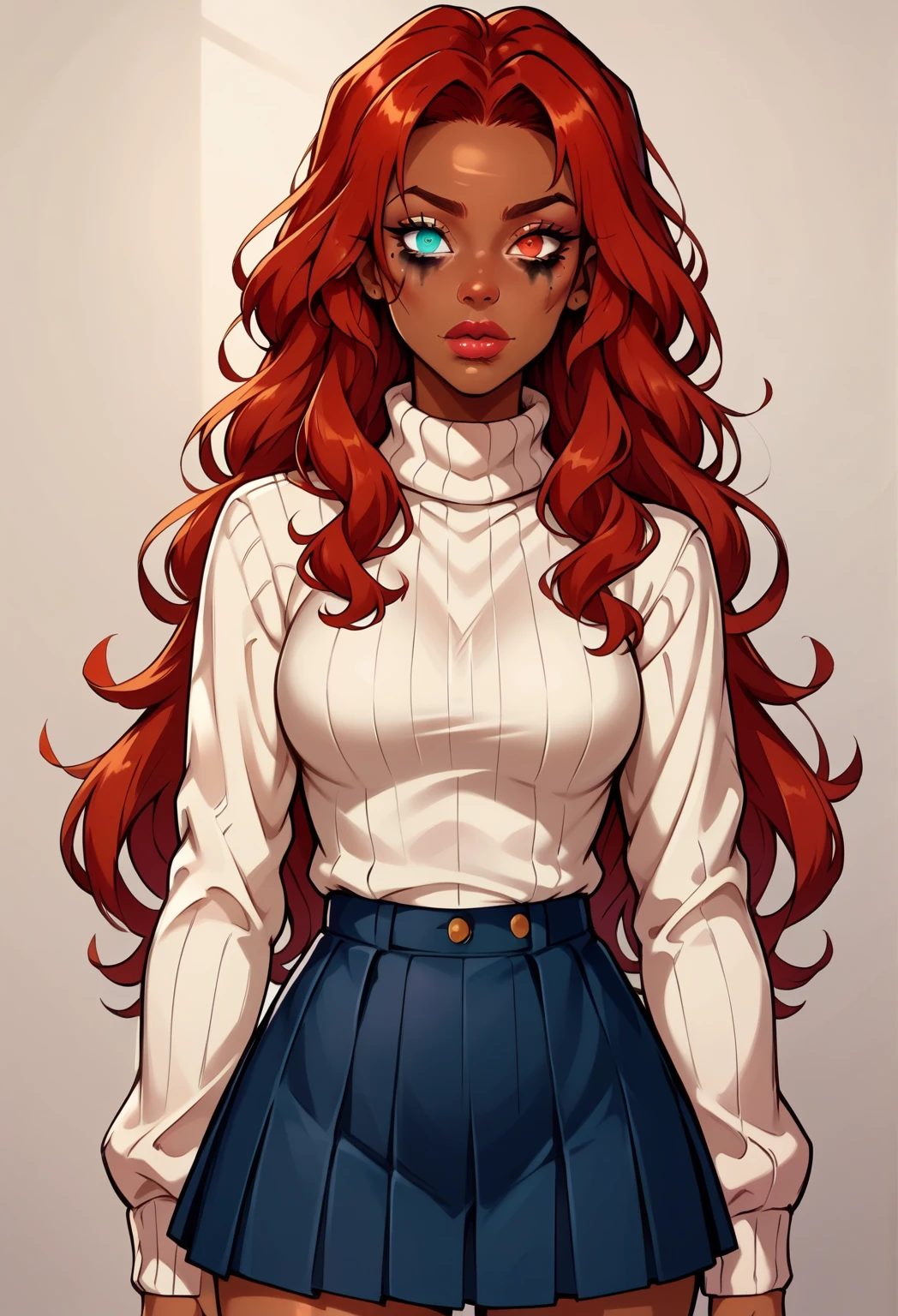 Top Quality, Dark Skin, Real Human Skin, (Detailed), Oval Face, Pore, Ultra High Definition, (8k, RAW Photography, Photorealistic: 1.4), there is a woman with red hair and a black top, with curly red hair, red afro, red wig, red waist-long hair, red haired goddess, very long wavy fiery red hair, sza, she has long redorange hair, gothic jeans, red belt with heart-shaped buckle