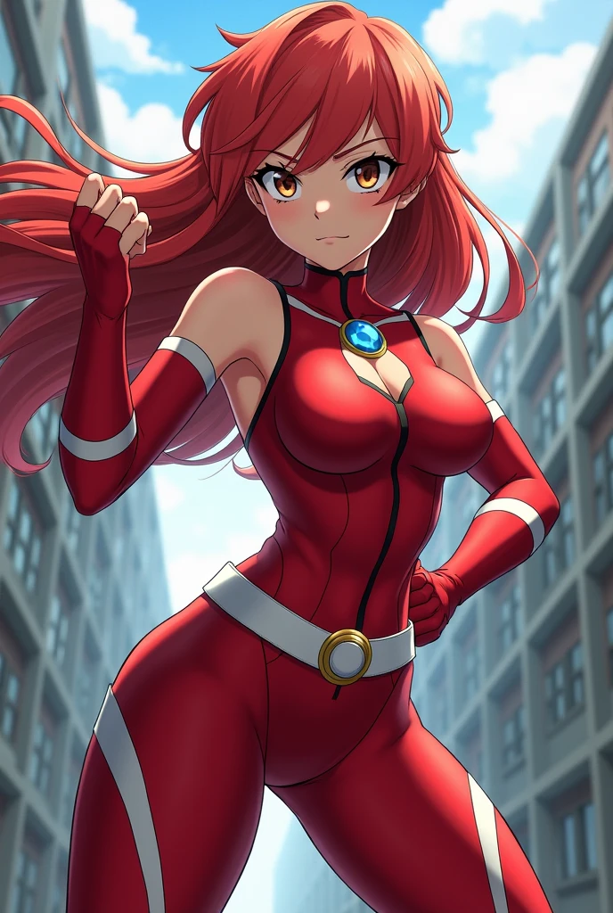 masterpiece, best quality, 1girl, superhero, leotard, bare legs, knee boots, matching boots, heroic, city backdrop, standing, body infused with energy, light particles solo, single, cowboy shot, perfect anatomy, powering up, redhead