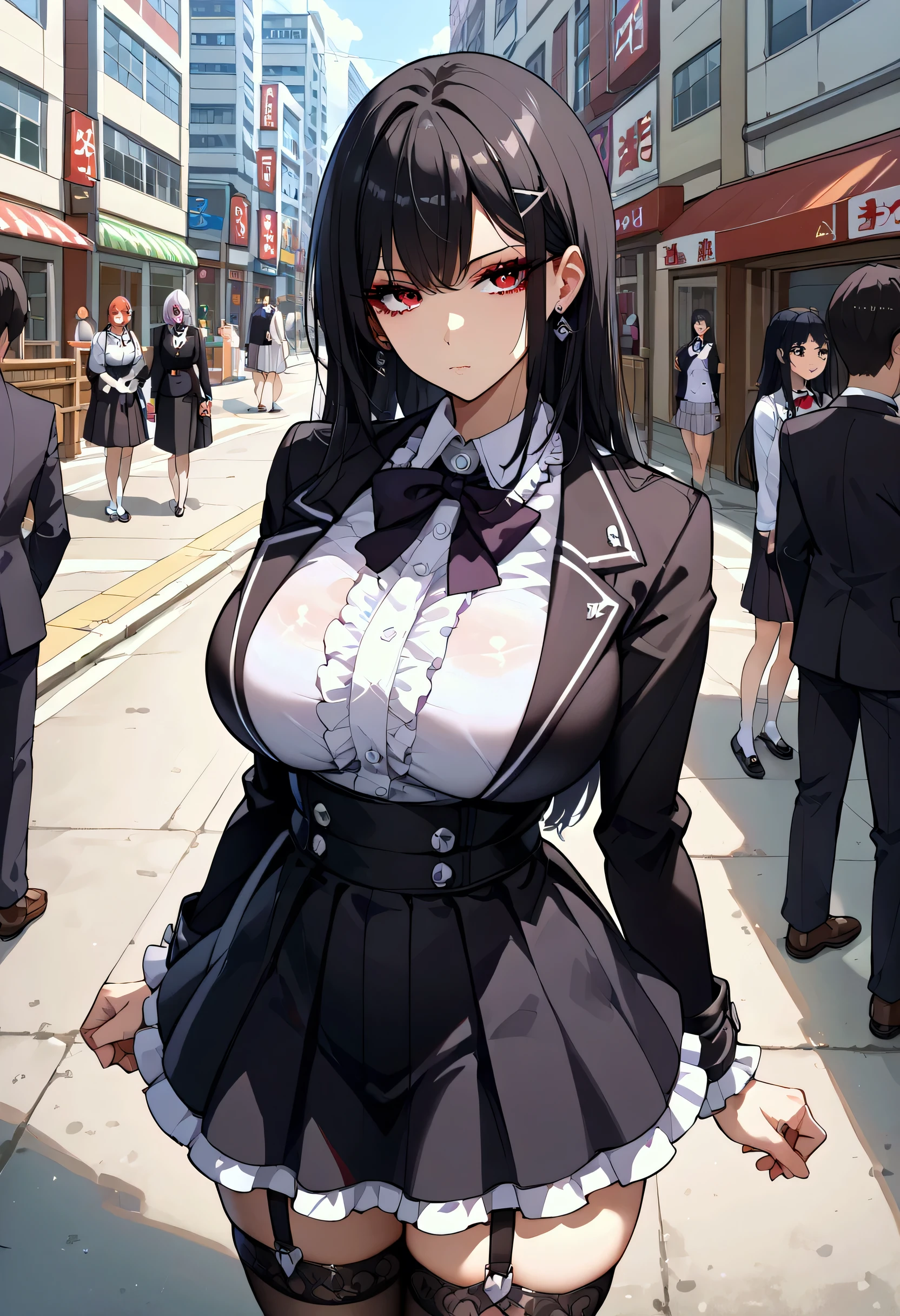 is frustrated、 Wear a black suit 、 black suit、Bad mood、bustling street、akihabara、Urban city、building、Around town、Wear a black jacket、Gothic and ta shirts、akihabara駅、 Scramble Crossing 、 crowds、Gothic and Lolihirts、 is frustrated、Depressed、Bad mood、 I'm in a bad mood、Tall Women、A woman in her thirties、 Alassah's woman 、steins;Gate、Bad mood、 black suit、 score_9, score_8_ up , score_7_ up , source_anime,masterpiece、Urban city、akihabara、 expressionless、 no makeup 、 best quality , Misiku Details, Exquisite Eyes、A sophisticated eye、 very detailed eyes and face,Unmotivated look、Apathetic face、 long breasts, female 1, black jacket を羽織る、 gray shirt、 black jacket 、 Grey Gothic Lolita S 、Black Gothic Lolita Skirtray gothic lolita shirt、 BlGothic Lolita Skirt 、 minis、 short skirt , Big saggy breasts, shockingly big breasts, big breasts, room,Big Breasts、 boobs 、 zitoida, makeup 、 no makeup 、 black hair、 long hair、 smooth straight hair、 black stockings、 garter belt、黒の garter belt、 tall woman、Tall Women、 plump thighs、 shot from above
