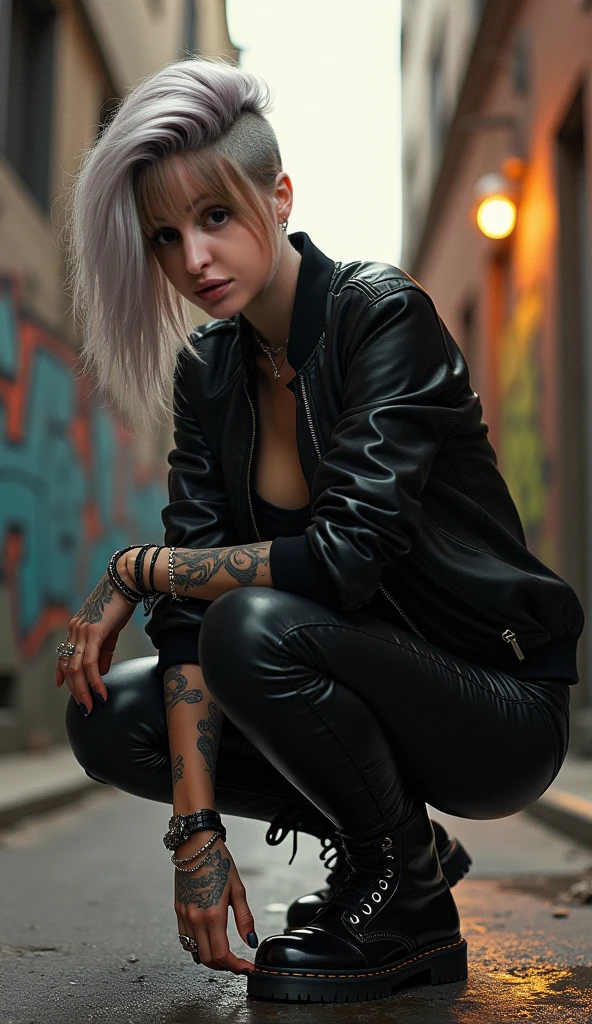 (A 20-year-old Japanese black gal who is just the right type to build a friendship with), ((((Squat, Spread your legs)))), Black thigh-high boots, High Heels, Blue distressed denim shorts, Black jacket, See-through bra, RAW Photos, Realistic:1.6, quality:1.5, 8k, masterpiece:1.3, Ultra-high resolution:1.0, Sharp focus:1.2, (Big Breasts:1.5), Beautiful woman with perfect figure, Highly detailed face and skin texture, Detailed eyes, double eyelid, ((Grey Eyes:1.3)), Perfect facial balance, smile, ((Silver Medium Hair)), Beautiful studio soft light, Rim Light, Vivid details, Ultra-realistic, Octane Rendering, Beautiful skin in every detail, Realistic Skin, View your viewers, (Graffiti art, Mural Art, Street Art:1.2)