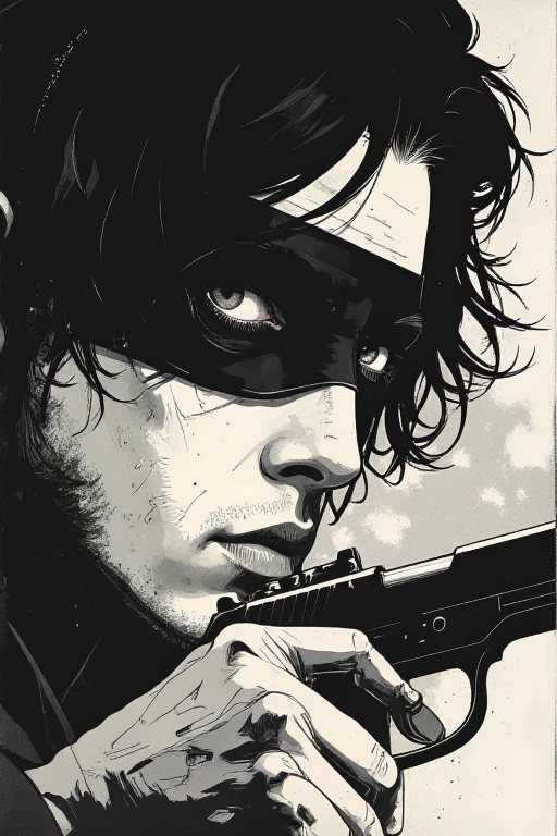 A close-up sketch of a man with a black blindfold, holding a pistol in his hand. The drawing is in a black and white rough manga style, inspired by Kentaro Miura and Sugimura Jihei, featuring sharp and expressive linework. The composition emphasizes the gun and the tension of the moment, reminiscent of the dynamic style seen in 'Black Lagoon' and 'Trigger' anime. The character has an intense expression, with the raw and detailed aesthetic of classic manga illustrations. The artwork follows an anime-inspired style with dark and dim lighting, influenced by the works of Makoto Shinkai and the horror illustrations of John Kenn Mortensen. The style blends dark, whimsical elements, post-it note art aesthetics, and fantasy-driven eerie designs
