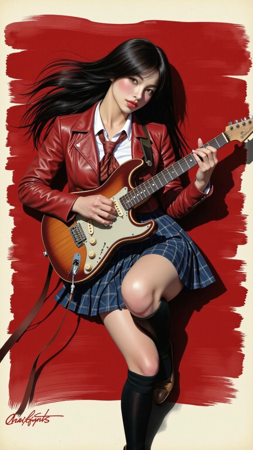 A alluring female playing a guitar, black hair, direct gaze, charismatic, red leather jacket, white collared shirt, blue plaid pleated skirt, school tie, black thigh high sock, stiletto, cleavage, small breasts, thighs, legs slightly apart, full body, dynamic angle, red brush strokes background, ink art piece, dark, moody, poster, minimalistic, drkfnts style