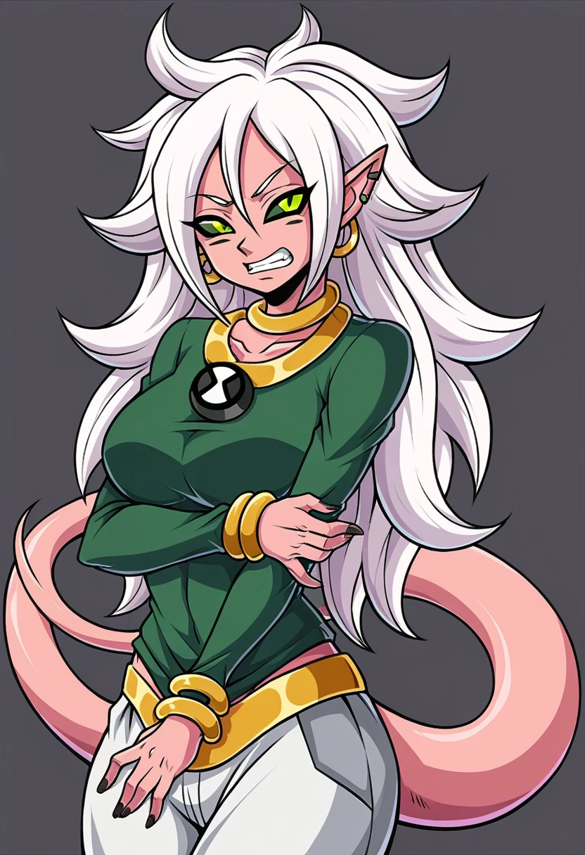 score_9_up, android 21, majin, pink skin, pointy ears, Majin eyes, green eyes,  Long hair , white hair, majin tail, shirt, green shirt, Big boobs, busty, majin pants, ben10, insignia, majin eyes, ben10, insgnia