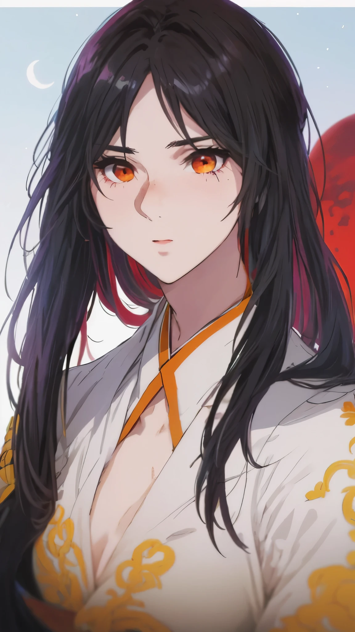 professional artwork, complex parts, field of view, Sharp Focus, Detailed painting, Photorealistic lighting, Trends on Pixiv, standing, Side_orgasm, long black hair, sleek low bun, voluminous hair, red eyes, draw up, 20 years, mature woman, pale skin, Beautiful fingers, Beautiful long legs, beautiful body, Beautiful nose, Beautiful character design, perfect detail eyes, perfect face, look at the viewer, formal art, extremely detailed CG Unity 8k wallpaper, perfect lighting, colorful, bright_FRONT_face_Light masterpiece: 1.0), (Best_Quality: 1.0), сверхa high resolution, Ultra detail, Hyper detail, photographic, 8K, HDR, a high resolution, absurd: 1.2, Kodak Portrait 400, granularity , blurred background, hips: 1.2, highlight correctly_color: 1.2) (Beautiful, big_pectoral muscles: 1.4), (Beautiful_face: 1.5), (narrow_waist), (solo: 1.4), ( (Upper body, half of the body:1,4) ), sort, the girl is dressed in black hanfu, against the background of the night sky, blood moon in the sky, girl is dressed in hanfu, full black hanfu,