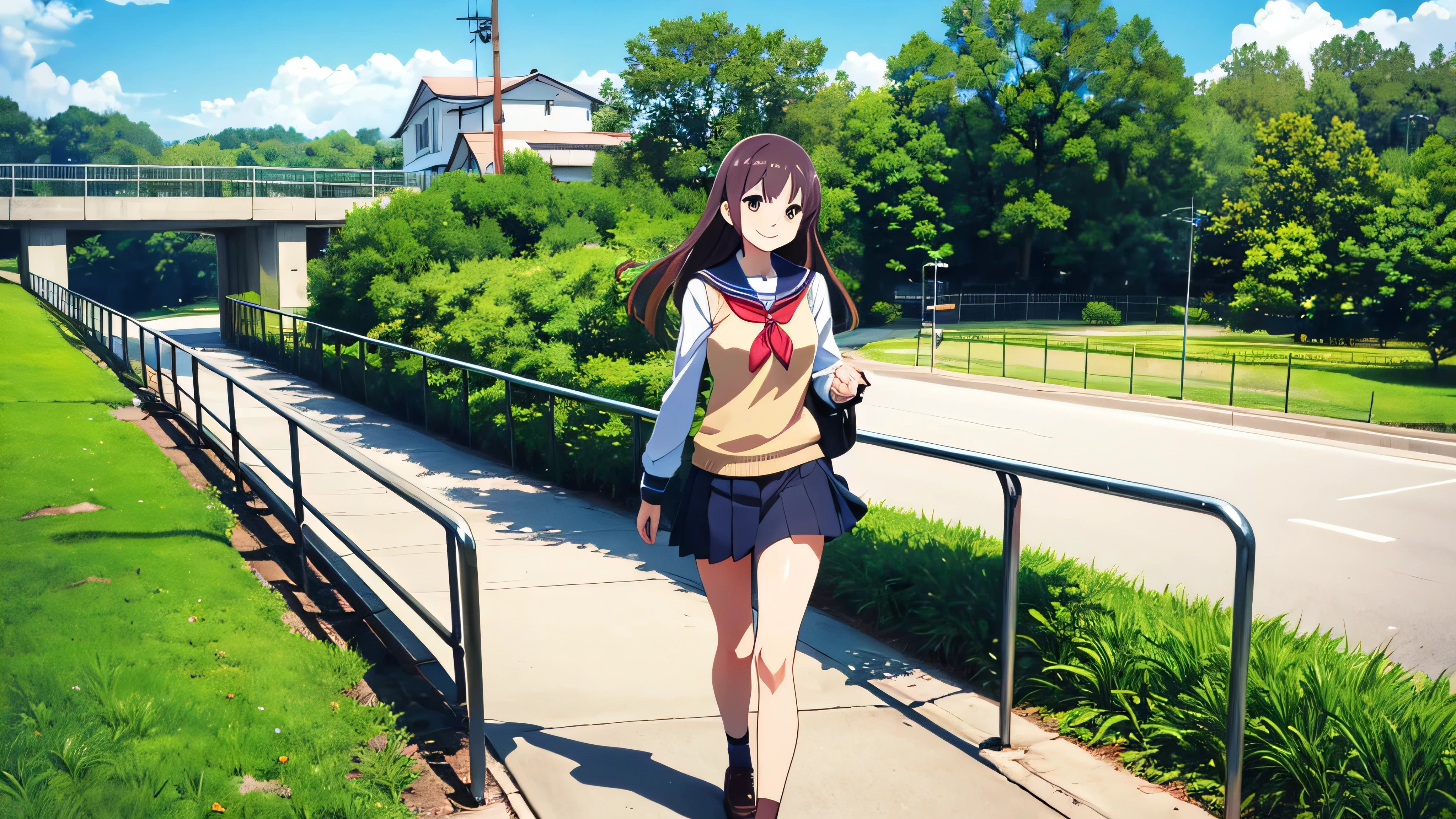 A woman going to school、 Clear Days 、Pedestrian bridge、Country town、anime、smile、
