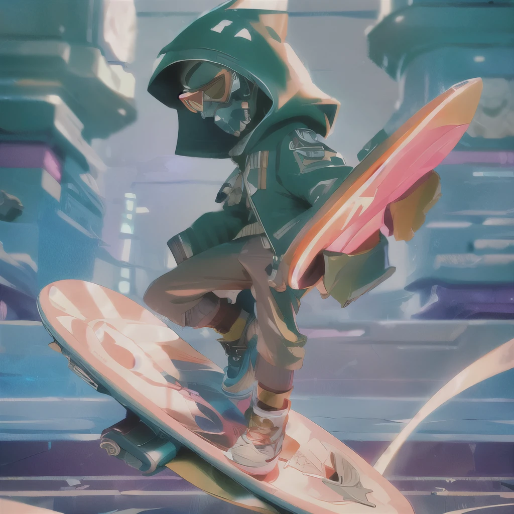 A dark young boy using an advanced floating  skateboard,He wears futuristic, sophisticated clothing., ( waering cyper punk beanie, and hoody), musical skateboard,  epic glasses ,cartoony style, Floating tech musical skateboard , futuer cyberpunk theme, half skull mask