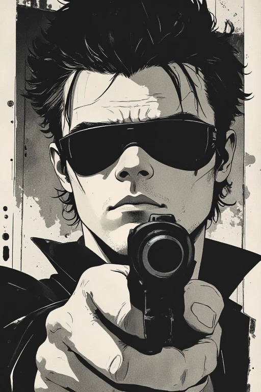 A close-up sketch of a man with a black blindfold, holding a pistol in his hand. The drawing is in a black and white rough manga style, inspired by Kentaro Miura and Sugimura Jihei, featuring sharp and expressive linework. The composition emphasizes the gun and the tension of the moment, reminiscent of the dynamic style seen in 'Black Lagoon' and 'Trigger' anime. The character has an intense expression, with the raw and detailed aesthetic of classic manga illustrations. The artwork follows an anime-inspired style with dark and dim lighting, influenced by the works of Makoto Shinkai and the horror illustrations of John Kenn Mortensen. The style blends dark, whimsical elements, post-it note art aesthetics, and fantasy-driven eerie designs
