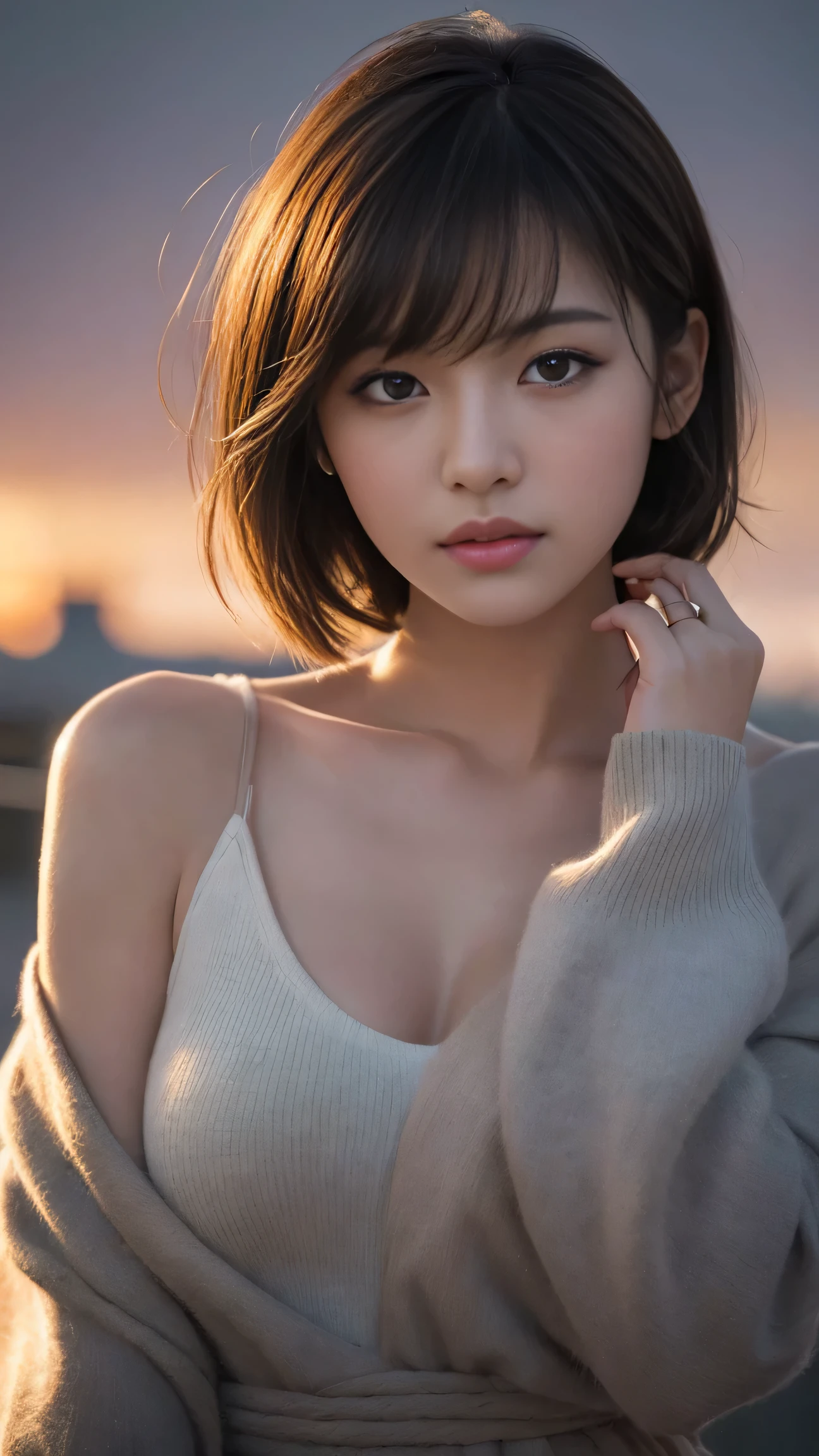 (Hyper Reality: 1.35), (Realistic: 1.4), A beautiful Japanese woman, smile, alone. (((No makeup))), masterpiece, 最high quality, high quality, alone, Very good, Puberty, Only one girl, Well-trained slim body, muscular, slim body, breasts apart, ((large breast:1.4)),(((cleavage:1.4))), (最high quality)),((Very delicate and beautiful)),((Very shallow depth of field)), ((Incredibly shallow depth of field)). Familiar, ((Very delicate and beautiful)), (((Very shallow depth of field))), (((Unbelievably absurd))), dark brown hair, blowing boyish bob hair, shag messy hair, wolf cut, big hair, Windで揺れる髪, Slim body type, ((( Camera Eye)))), (((small ))), Looks like a salon model, Cool face, Neutral facial features,(ecstasy:1.3) ,(slut:1.2),(vulgarity:1.3),(fucked silly:1.1),(steam:1.1),(Wet:0.8),(trembling:0.8),(tears:0.7) ,(drooling:0.6),(sweat:0.8),open mouth, poor, Dynamic Angle, Focus on women, {Particles of light}, Detailed Background, Soft lighting, (dramatic), sunset, very beautiful sunset, Live Action, Realistic, (blurred background), (((11 years old))), (((Wind))), ((Movement)), ((emotion)), ((colorful)), ((Baby Face)), Wither, sea background, (((Cowboy Shot))),(((nsfw))), Handsome Tomboy, V-neck T-shirt