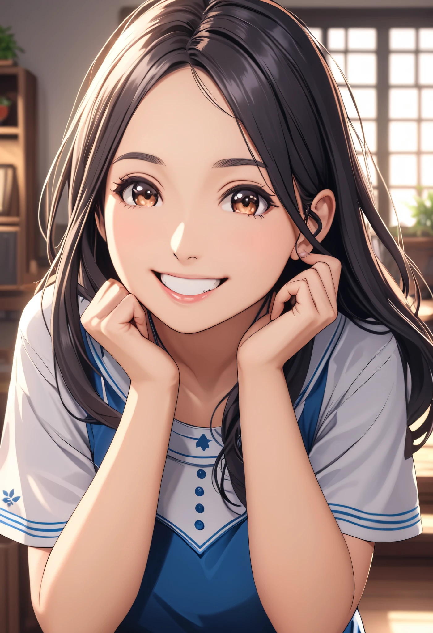 Beautiful girl Mita from the game Miside looking at the spectator smiling and making a funny pose extremely detailed image 4k 