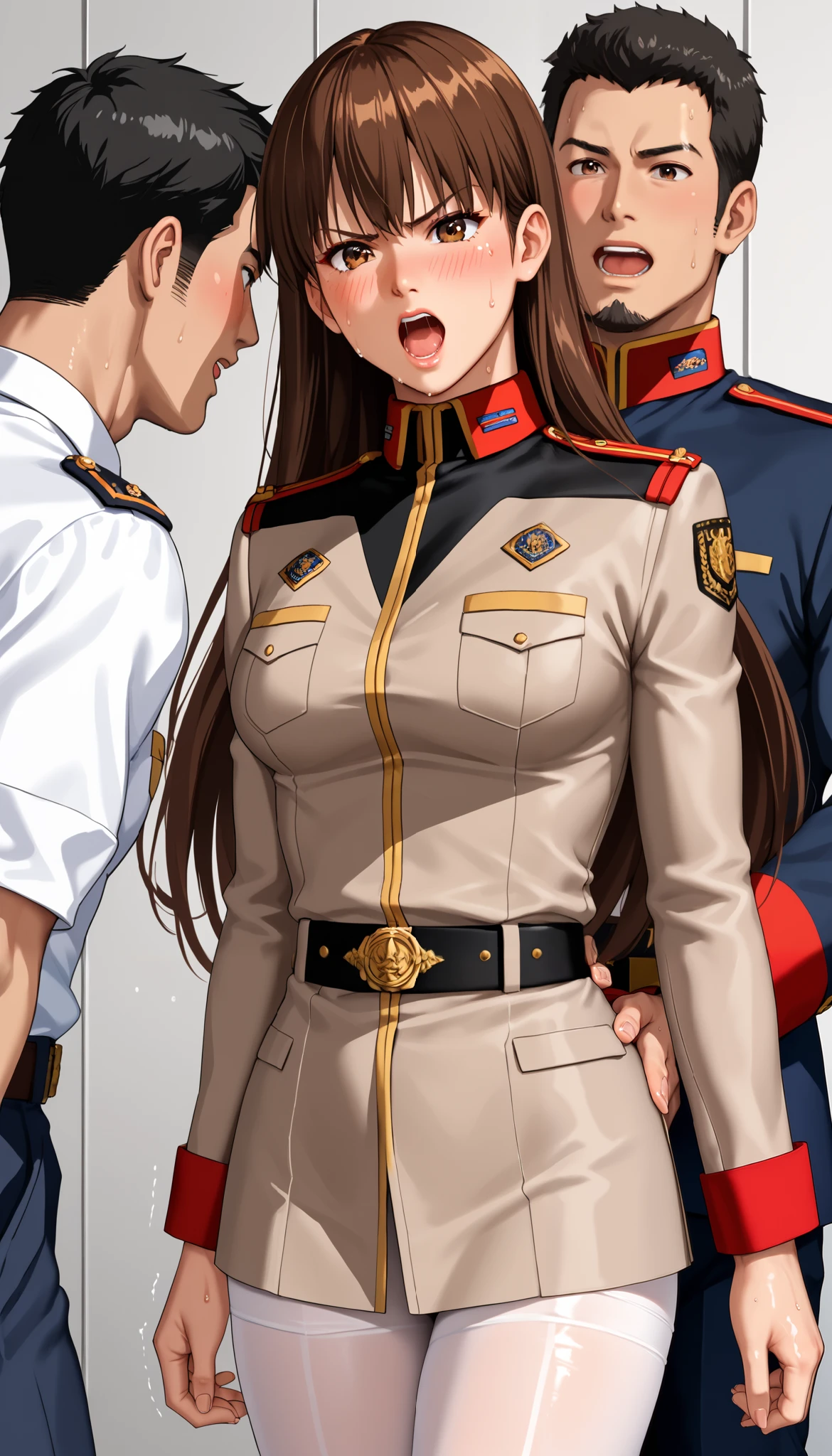 DOALeiFang, LeiFangDOA, girl:2.0, uniform, smooth white tight wet clothing, gasp, Captured by men:1.8, Captive, Surrounded by men:1.5, Attacked by men:1.7, Many men:1.5, Man grabs her arm:1.6, Man attacks from behind:1.7, Man grabs her leg:1.5, Men Swarm 1:5, Man hands on her waist:1.8, be breathless, sweat, sparkling sweat, trembling, (long brown straight hair:1.4), brown eyes, breasts, [[angry]], blush, {anguish}, {{shameful}},