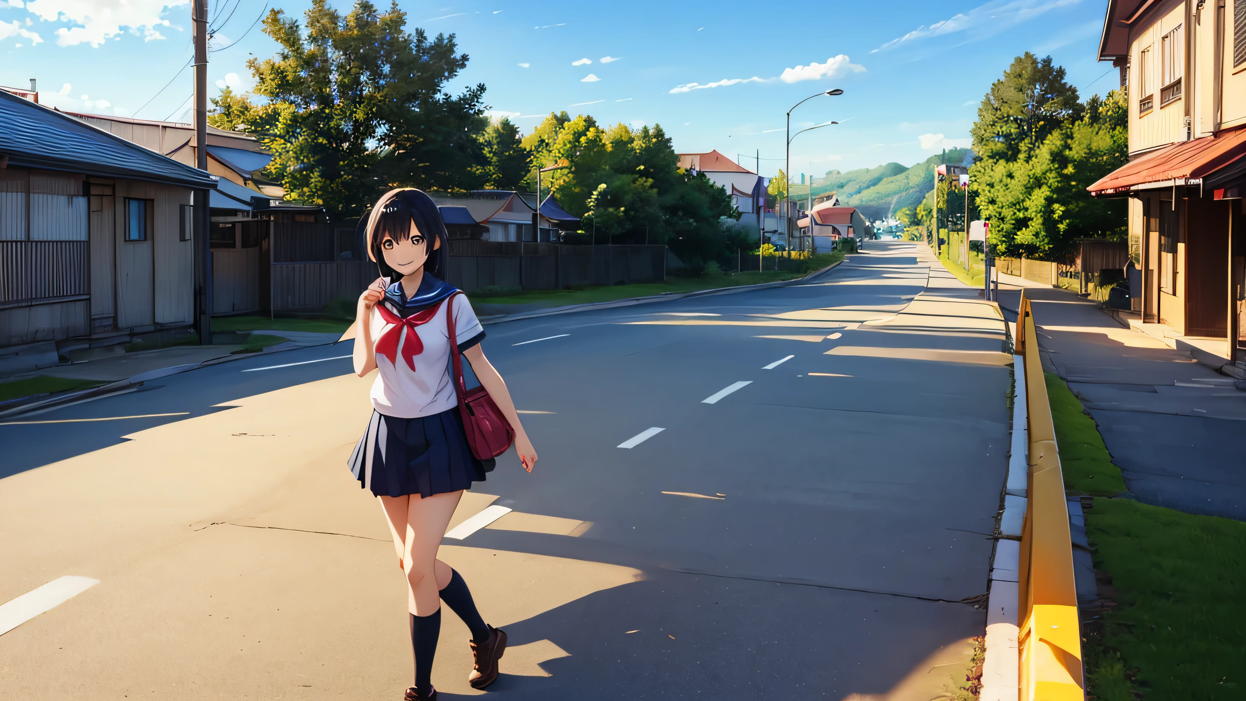 A woman going to school、 Clear Days 、Pedestrian bridge、Country town、anime、smile、