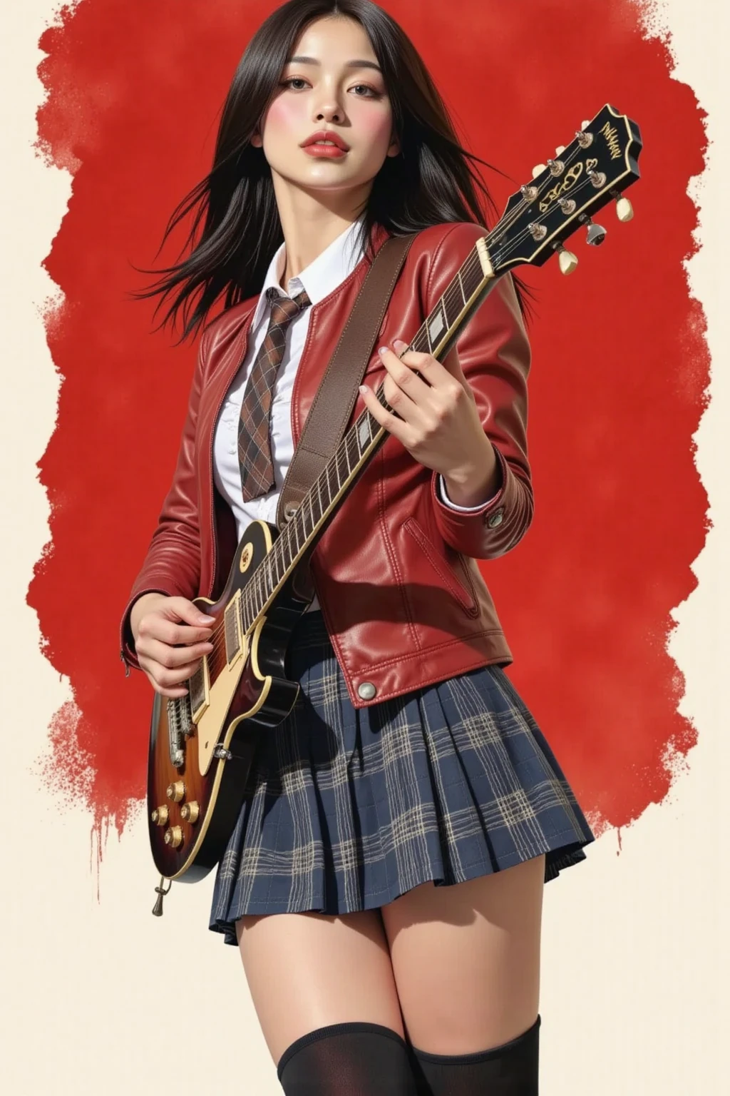 A alluring female playing a guitar, black hair, direct gaze, charismatic, red leather jacket, white collared shirt, blue plaid pleated skirt, school tie, black thigh high sock, stiletto, cleavage, small breasts, thighs, standing, legs slightly apart, full body, dynamic angle, red brush strokes background, ink art piece, dark, moody, poster, minimalistic, drkfnts style