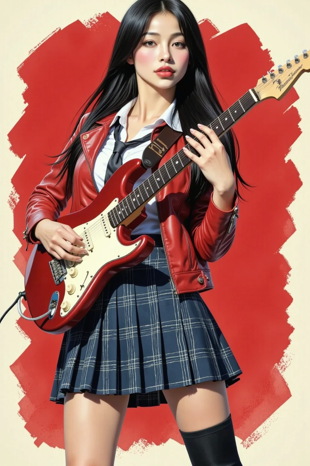 A alluring female playing a guitar, black hair, direct gaze, charismatic, red leather jacket, white collared shirt, blue plaid pleated skirt, school tie, black thigh high sock, stiletto, cleavage, small breasts, thighs, standing, legs slightly apart, full body, dynamic angle, red brush strokes background, ink art piece, dark, moody, poster, minimalistic, drkfnts style