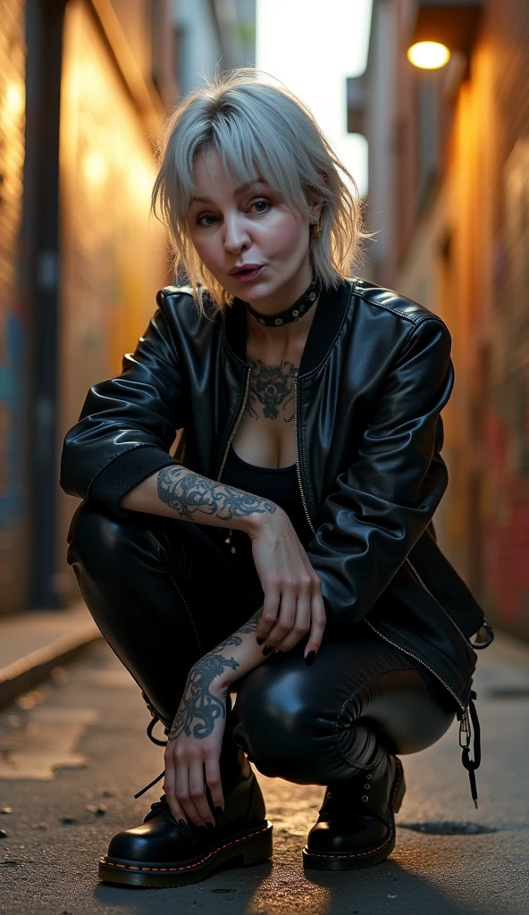 (best quality, highres, ultra-detailed), german emo girl, silver hair, skinny, small breasts, slim figure, 30 years old, black crop top, denim hot pants, squatting with legs wide apart, dimly lit room, soft and moody cinematic lighting, intense gaze, vibrant and contrasting colors, grunge aesthetic, tattooed arms, silver jewelry, torn fishnet stockings, leather boots, urban background with graffiti, melancholic sexual expression,