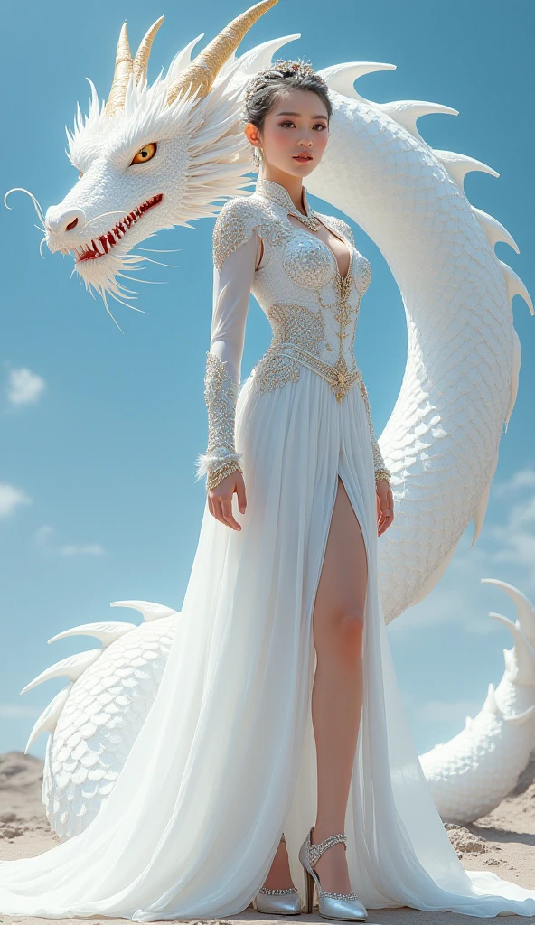 A beautiful girl in white clothes, long white hair and a giant white dragon on the side.