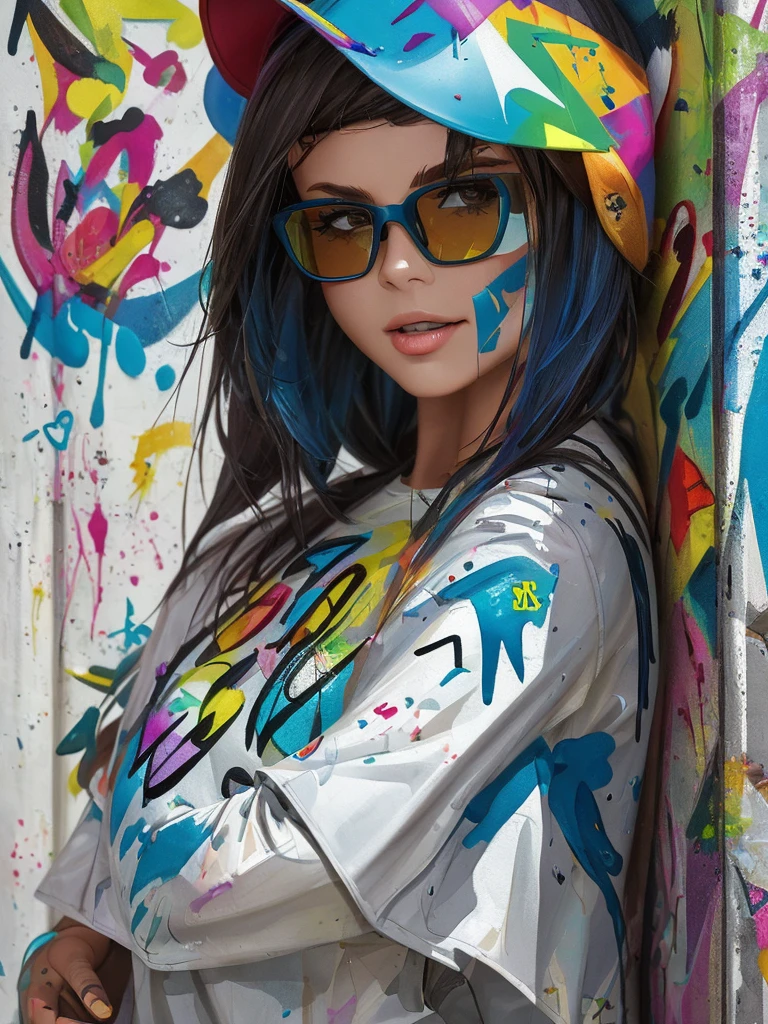 8K quality, watercolor painting, stylish design, (((The strongest beautiful girl of all time))), gal, Stylish sunglasses, Fashionable hats, (((highest quality))), bob hair, put your hand on the wall, HDR, Detailed details, skull fashion, detailed clothing texture, (((graffiti art))), colorful hair, ((masterpiece))、((Super detailed))