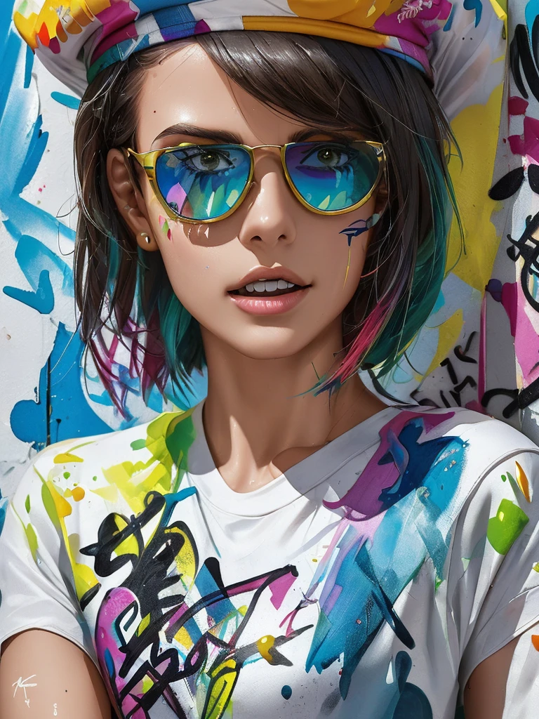 8K quality, watercolor painting, stylish design, (((The strongest beautiful girl of all time))), gal, Stylish sunglasses, Fashionable hats, (((highest quality))), bob hair, put your hand on the wall, HDR, Detailed details, skull fashion, detailed clothing texture, (((graffiti art))), colorful hair, ((masterpiece))、((Super detailed))