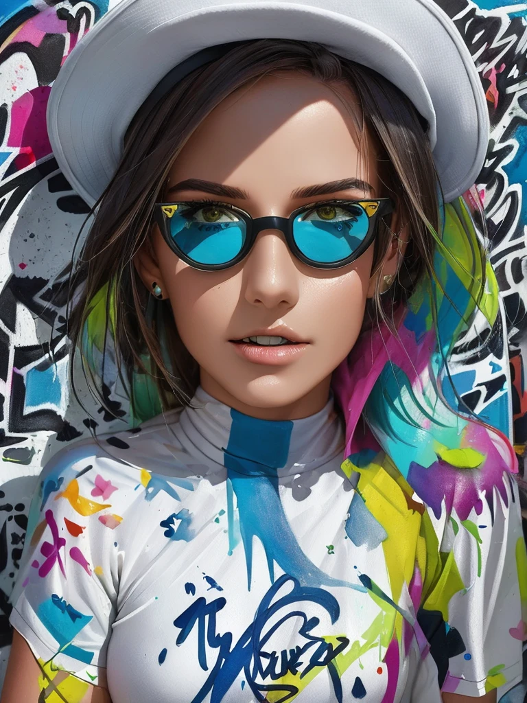 8K quality, watercolor painting, stylish design, (((The strongest beautiful girl of all time))), gal, Stylish sunglasses, Fashionable hats, (((highest quality))), bob hair, put your hand on the wall, HDR, Detailed details, skull fashion, detailed clothing texture, (((graffiti art))), colorful hair, ((masterpiece))、((Super detailed))