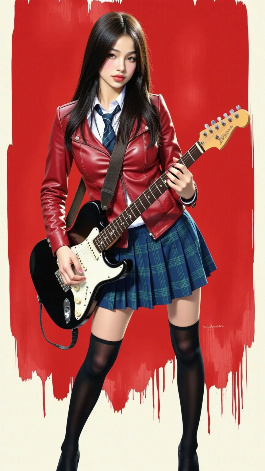 A alluring female playing a guitar, black hair, direct gaze, charismatic, red leather jacket, white collared shirt, blue plaid pleated skirt, school tie, black thigh high sock, stiletto, cleavage, small breasts, thighs, standing, legs slightly apart, full body, dynamic angle, red brush strokes background, ink art piece, dark, moody, poster, minimalistic, drkfnts style